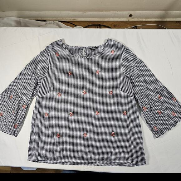 Hannah Tops - Gingham Floral Embroidered Blouse Cottagecore Top Loose Fit Women's
